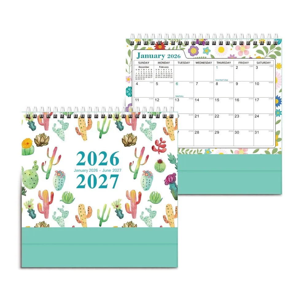 Cactus Desk Calendar 2026–2027 Small Flip Monthly Planner