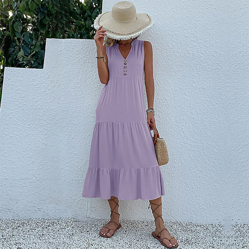 Women's Sleeveless V-Neck Ruffle Midi Sundress | SAILASIDIYA