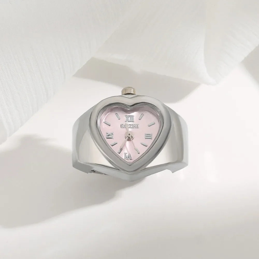 Retro Heart Shape Ring Watch – Stainless Steel Quartz Clock