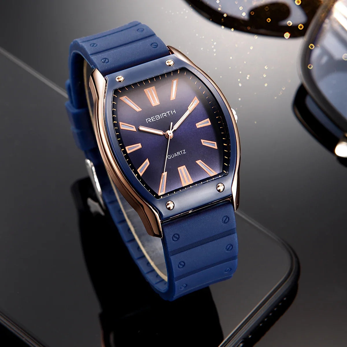 REBIRTH Unisex Casual Quartz Watch – Silicone Strap Tonneau Dial