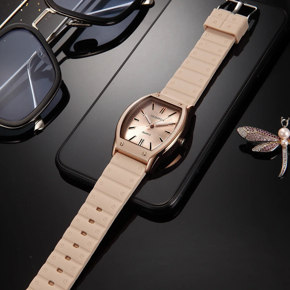 REBIRTH Unisex Casual Quartz Watch – Silicone Strap Tonneau Dial