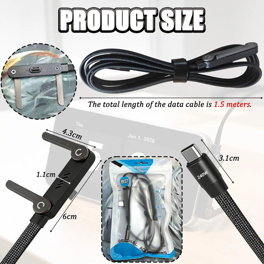 240W USB-C Fast Charging Cable with Folding Phone Stand