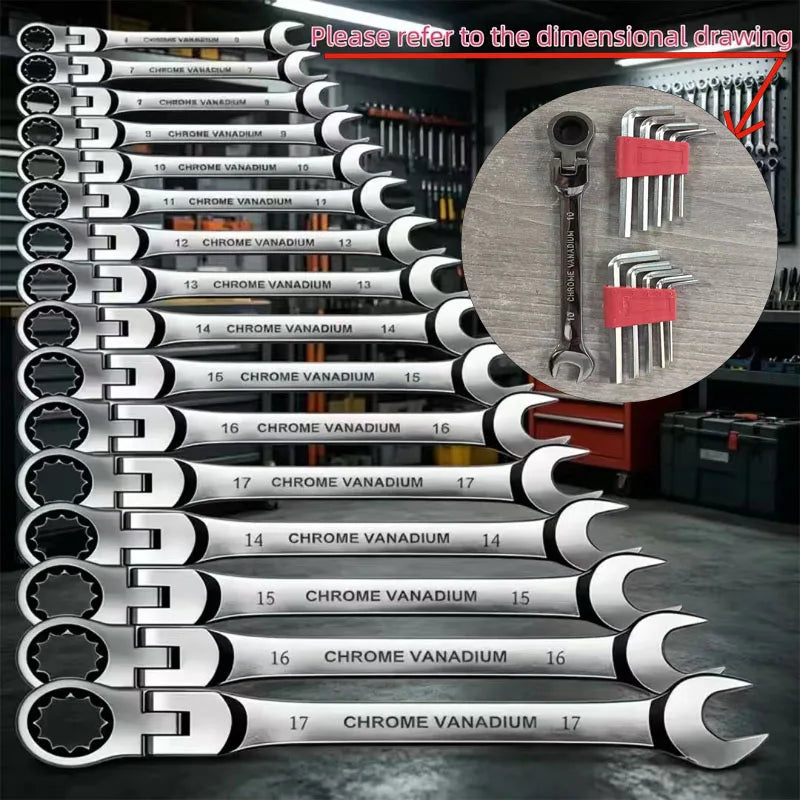 11-Pc Vanadium Steel Wrench Set – Hex Keys & Swivel Ratchet
