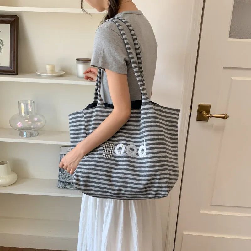 Striped Canvas Tote Bag – Large Women's Shoulder Bag | Nixie