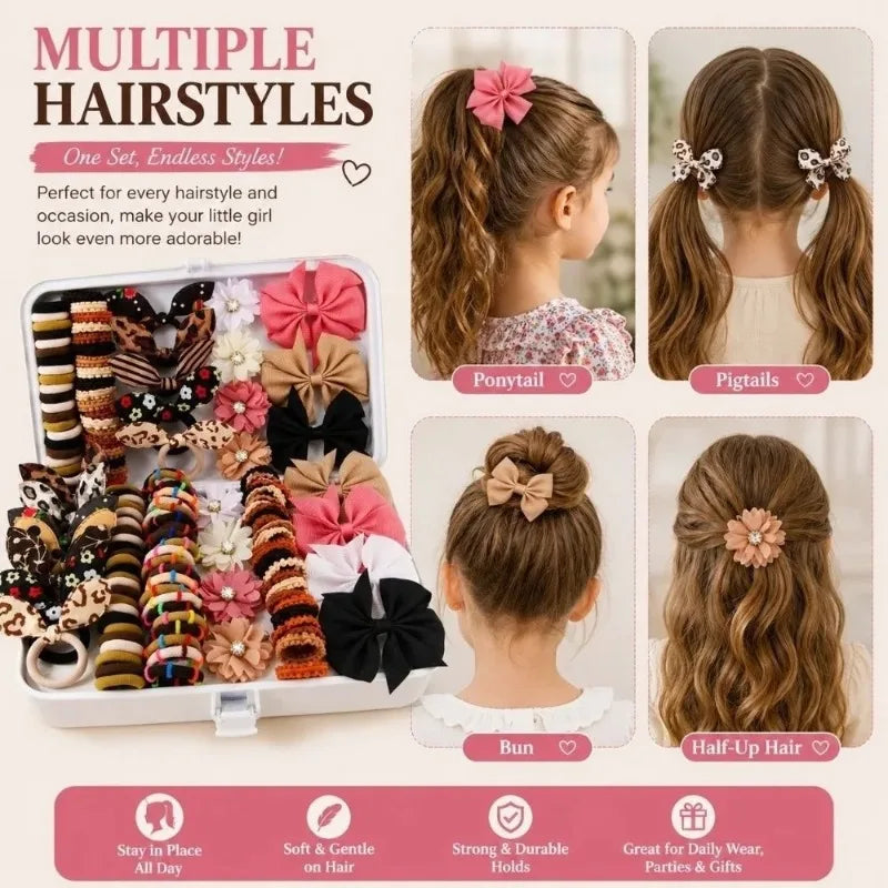 Girls Elastic Floral Bow Hair Bands & Bunny Ear Hair Ties Set
