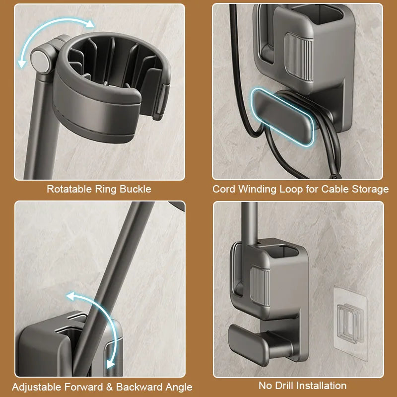 Wall-Mounted No-Drill Hair Dryer Holder & Bathroom Rack