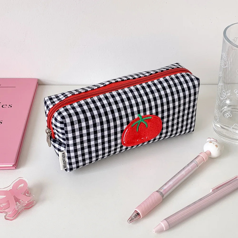 Tomato Embroidery Plaid Makeup Brush Bag & Cosmetic Organizer