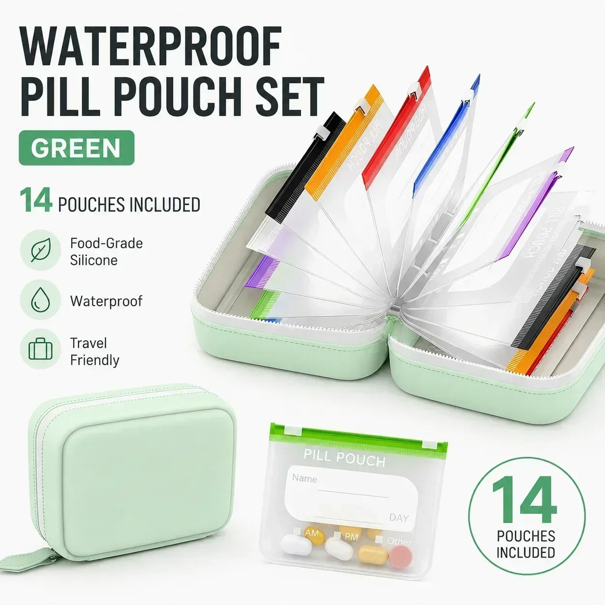 Compact Pill Organizer – 14 Zipper Pouches & Binder Case