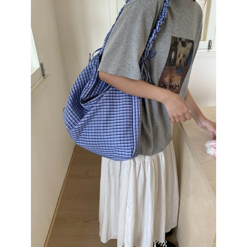 Plaid Canvas Crossbody Bag – Korean Style Commuter Tote