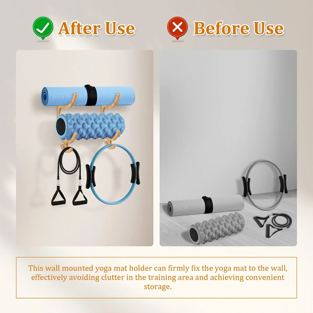 Wood Wall Mount Yoga Mat Holder Rack – 2 Pcs Gym Organizer