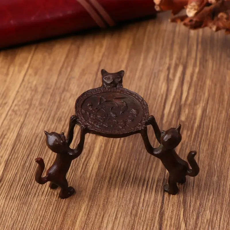 Mini Retro Three-Kitty Bronze Tray – Candle & Incense Holder