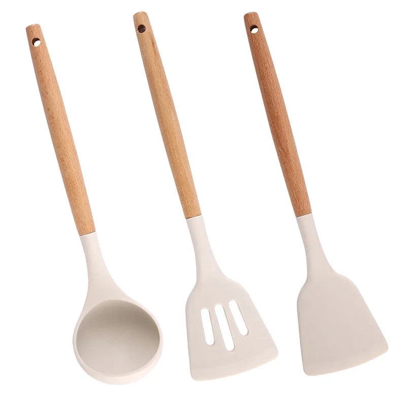Wooden Handle Silicone Spatula Set – Frying Spatula & Ladle