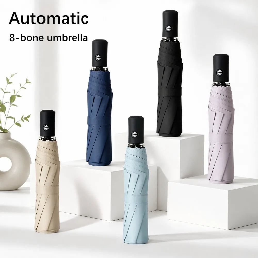 8-Rib Auto Folding Windproof Travel Umbrella | One-Touch Open