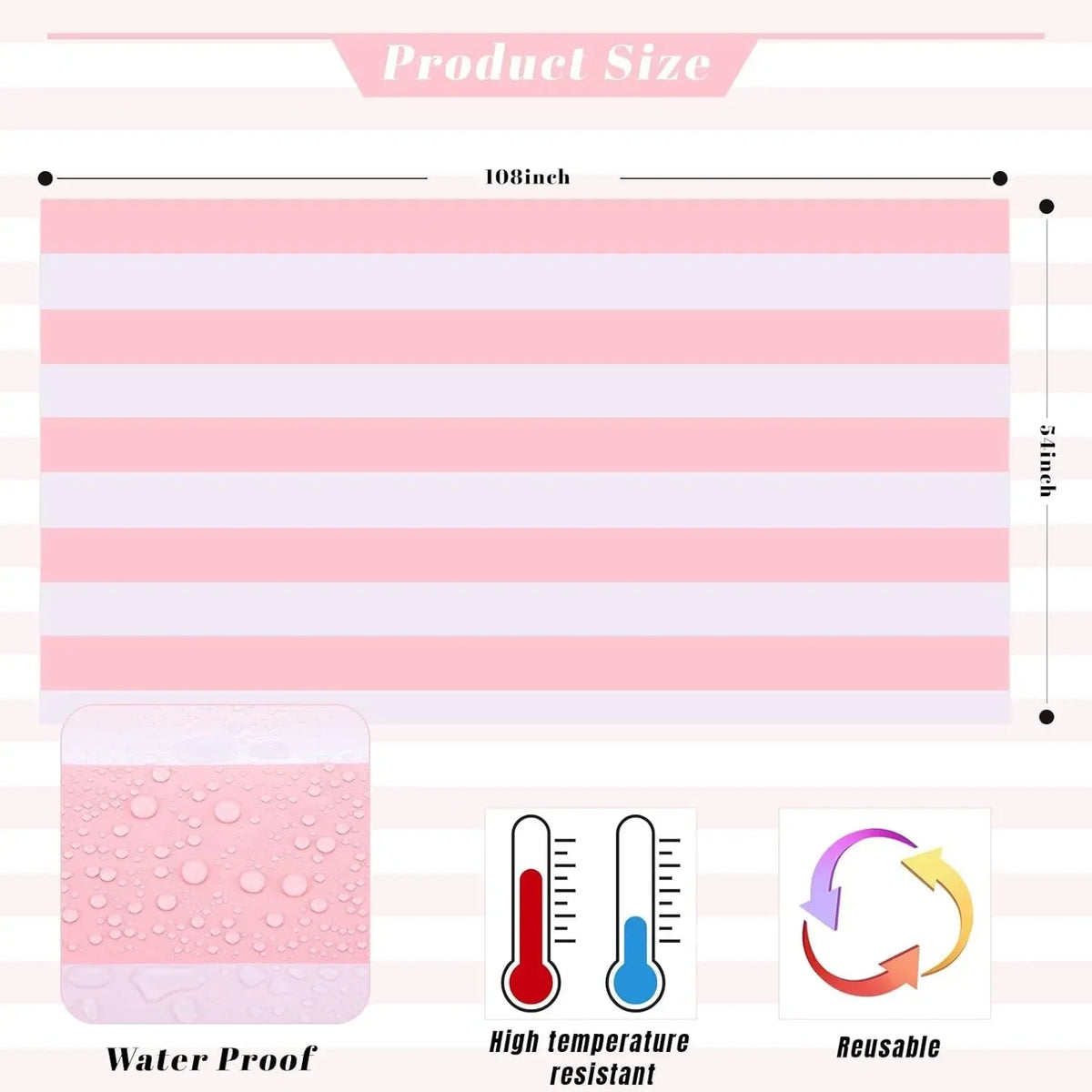 Pink & White Striped Disposable Tablecloth 54x108" Party Cover