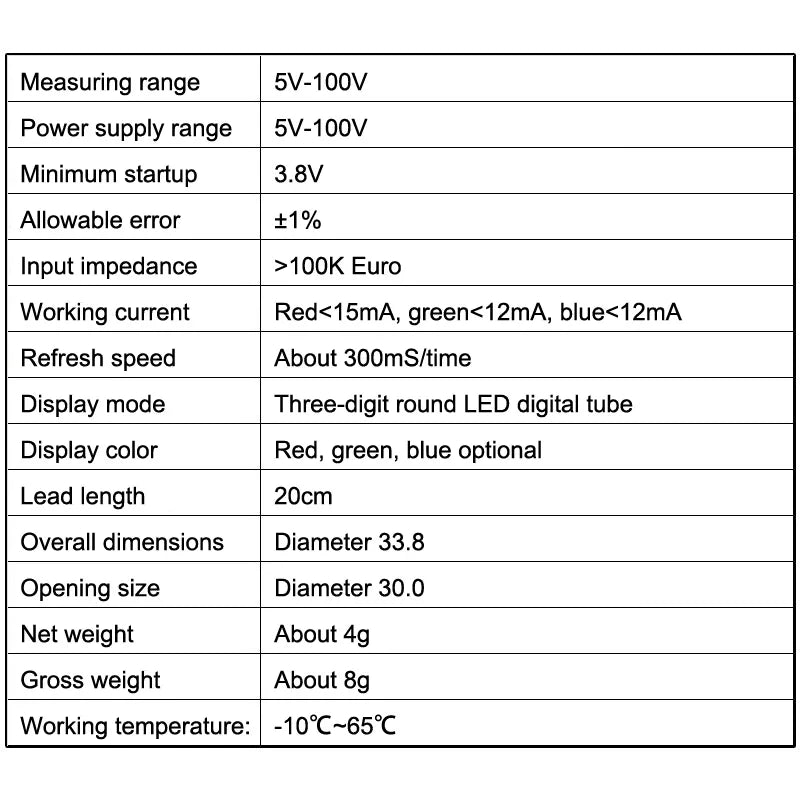 Waterproof DC 4-100V LED Digital Voltmeter Panel Gauge