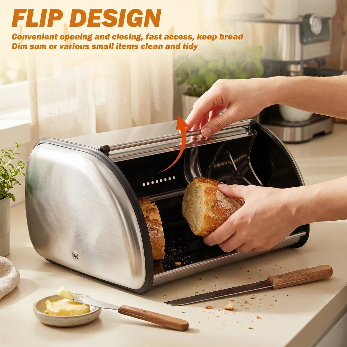 Stainless Steel Bread Box Large Capacity Flip-Top Lid Organizer