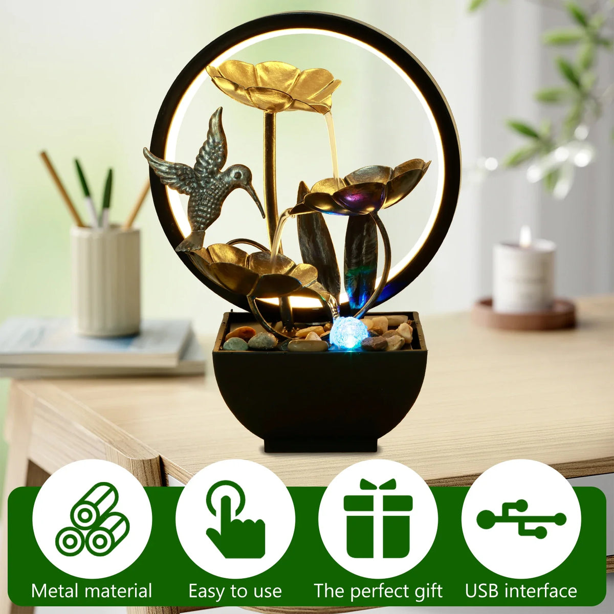 USB Tabletop Water Fountain with LED Ring Light – Zen Decor