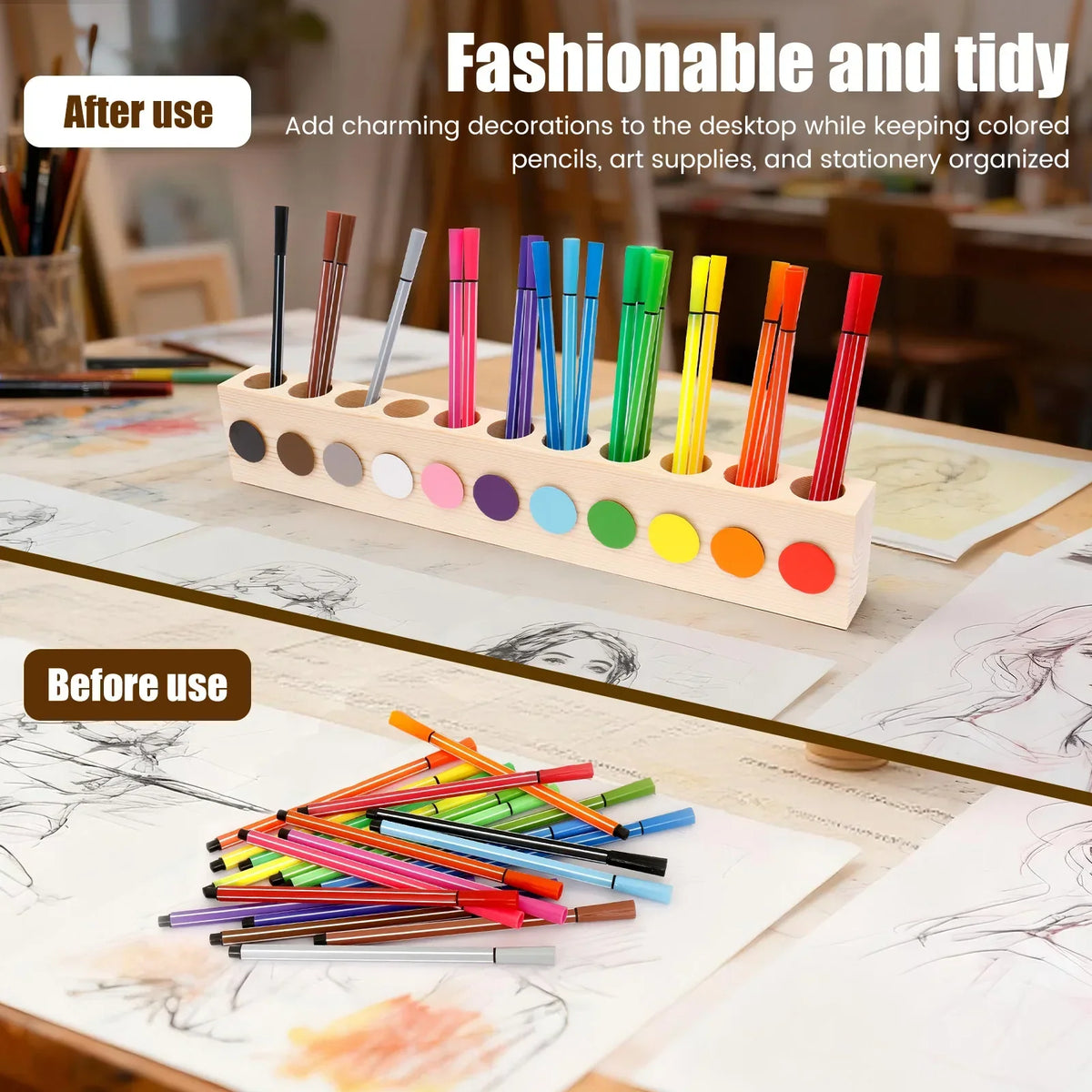 Wood Pencil Holder 11 Holes – Desktop Pen & Stationery Organizer