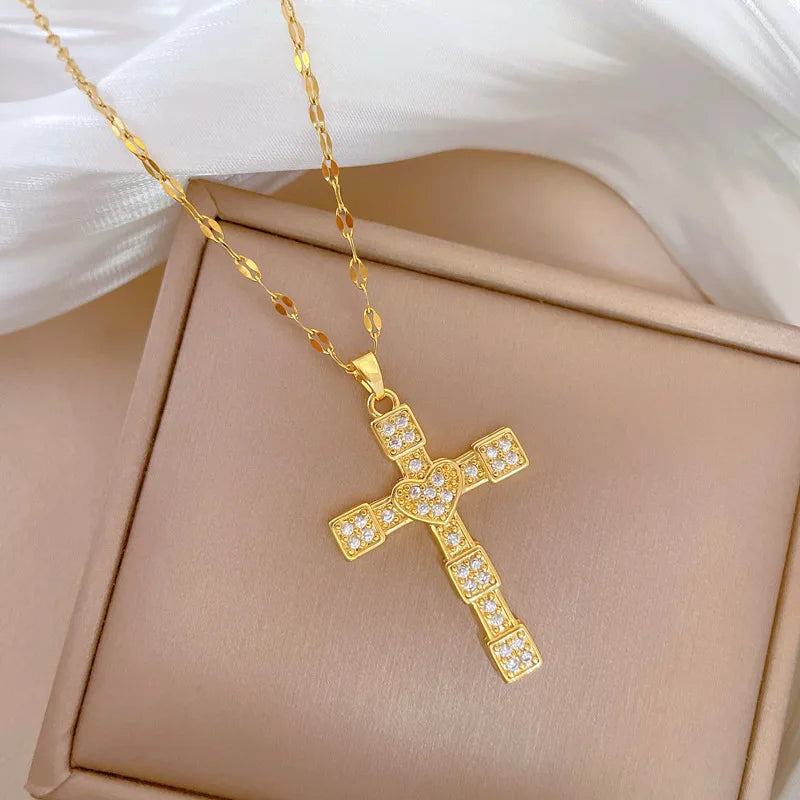 Women's Gold Cross Pendant Necklace | Stainless Steel Choker