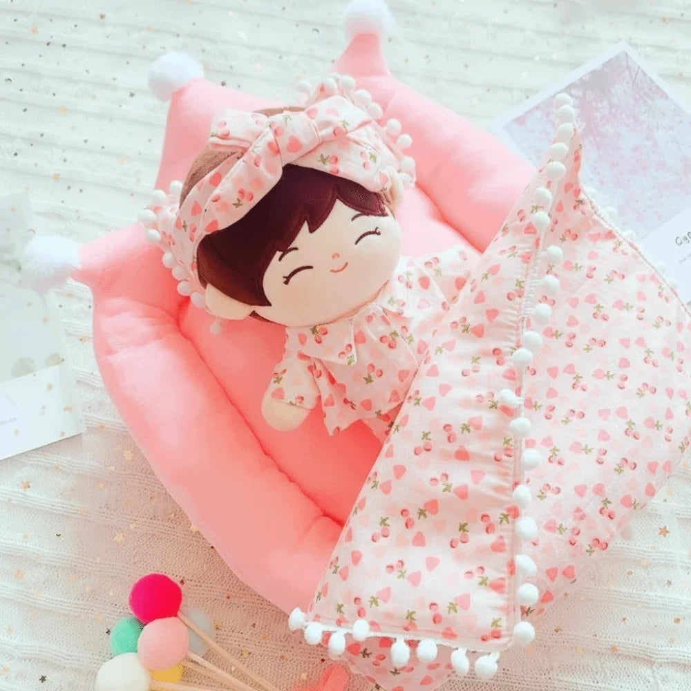 Mini Doll Bed 3-Piece Bedding Set for 10cm Dolls | Pink & Yellow