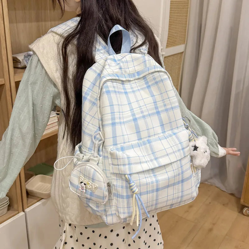 Korean Plaid Backpack – Large Capacity Student Campus Bag
