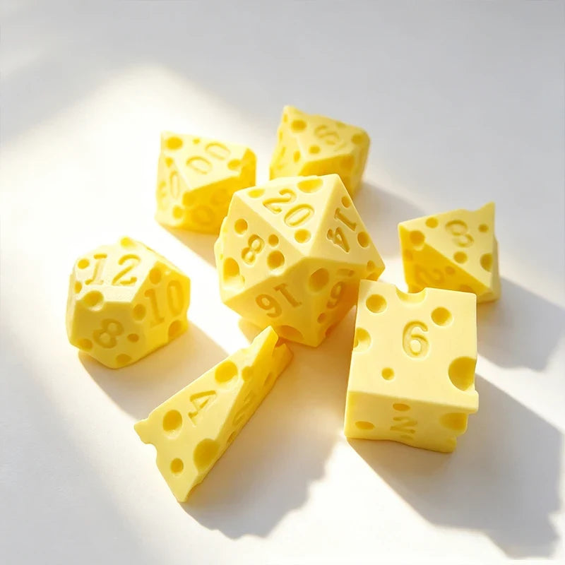Cheese Dice Holder Box & 7-Piece D4–D20 Polyhedral Dice Set
