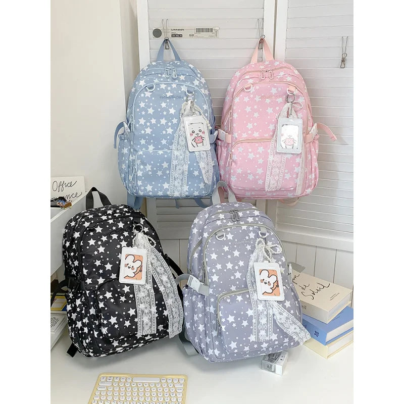 Korean Star Pattern Girls Backpack – Large Capacity Lightweight