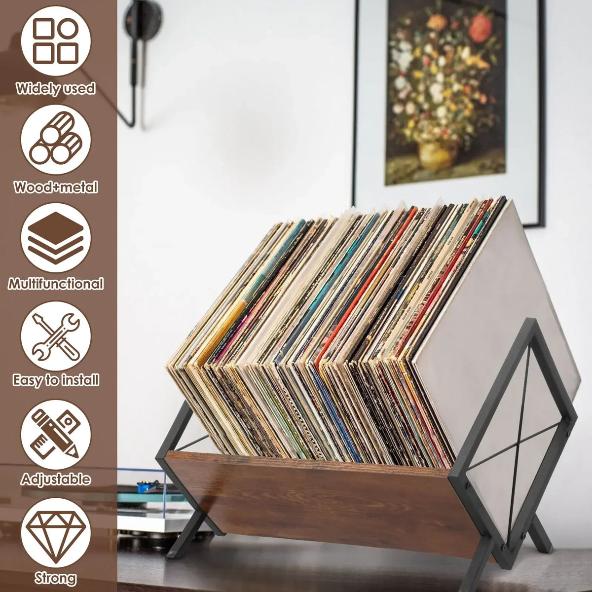 Vinyl Record Storage Rack – Wood & Metal Stand with Divider