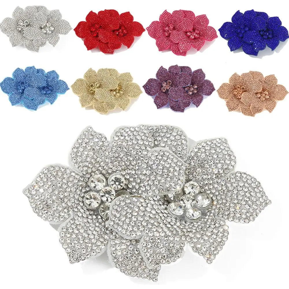 3D Camellia Rhinestone Flower Patch – Sparkling Rose Brooch