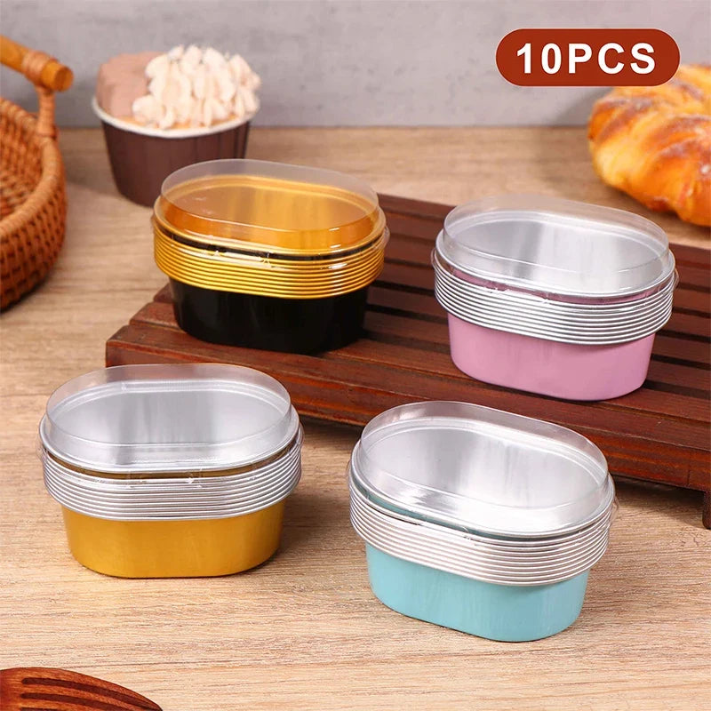 10Pcs Aluminum Foil Baking Cups with Lids – 68ml Oval Dessert Molds