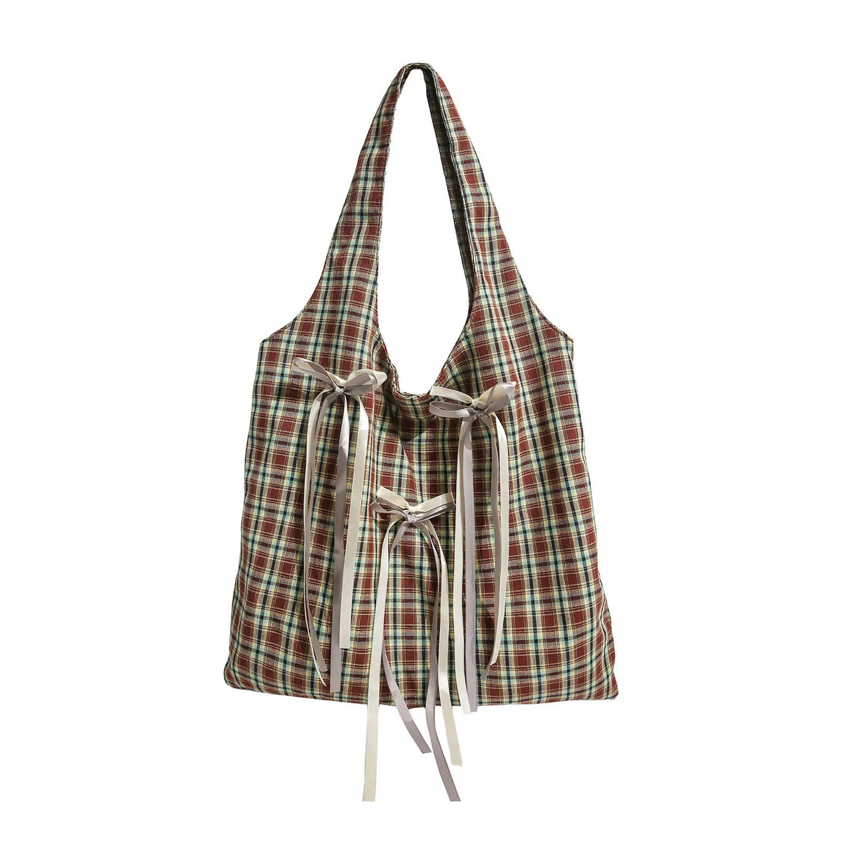 Korean Academia Plaid Bow Tote Bag – Large Canvas Shoulder Bag