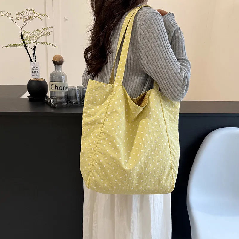 Double-Sided Plaid Polka Dot Canvas Tote Bag – Large Women's Shoulder Bag