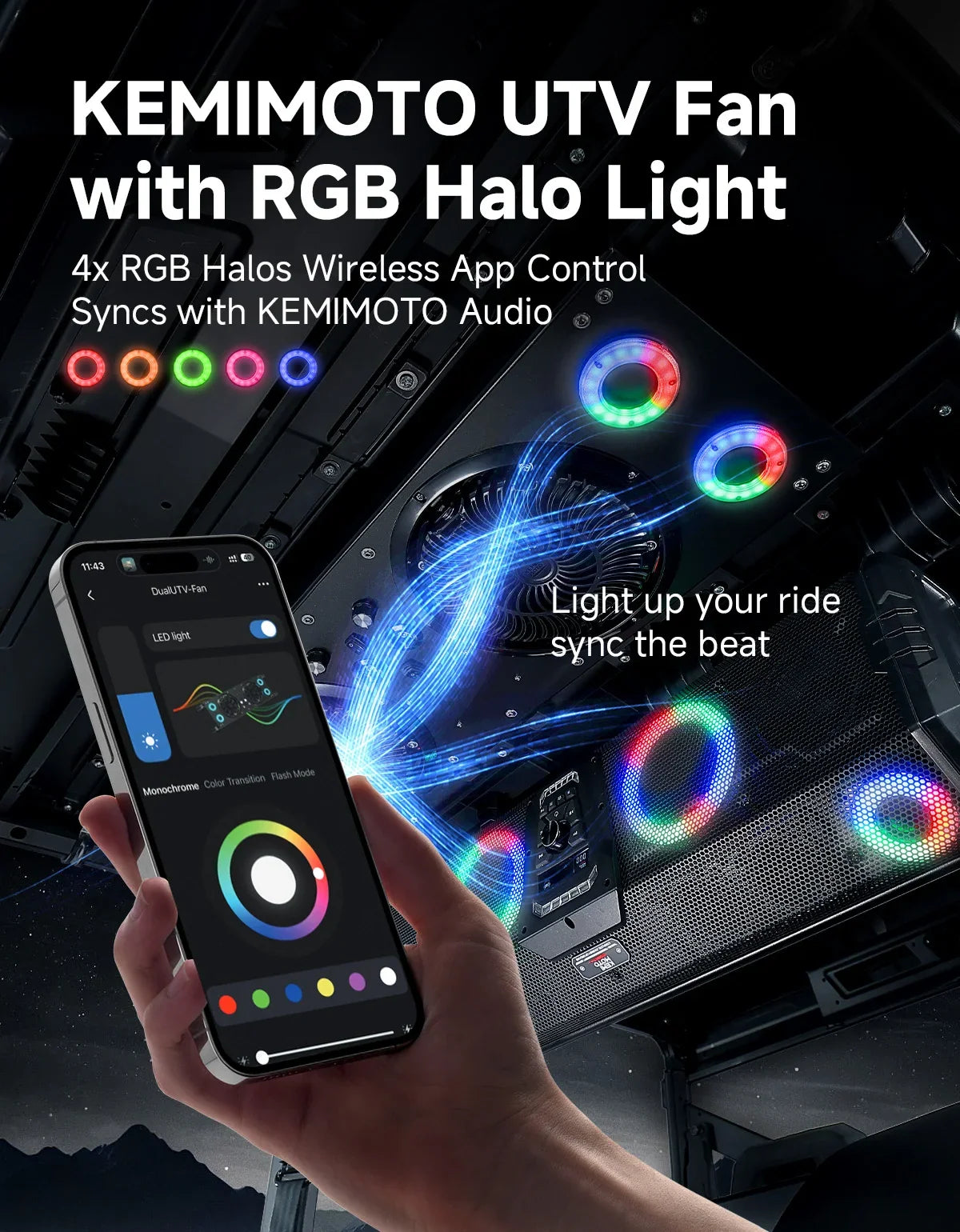 12V UTV Cab Cooling Fan with Dome Light & RGB – IP66 Rated