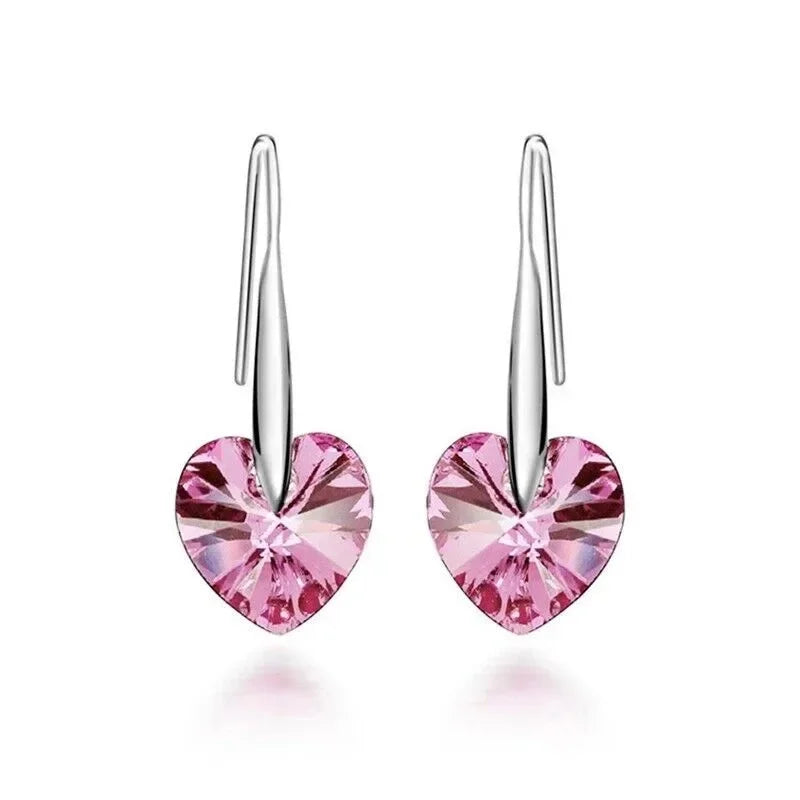 Women's Rhinestone Heart Drop Earrings – Silver & Pink