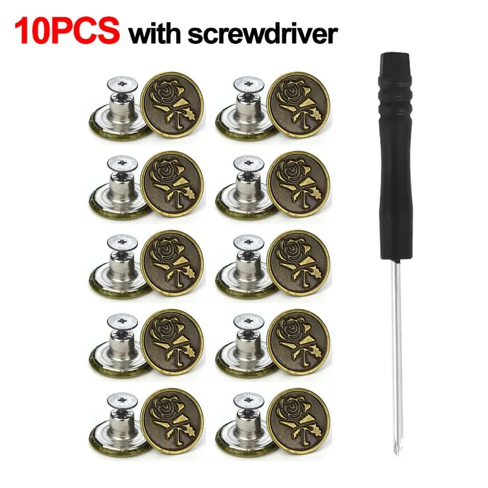 10Pcs 17mm Metal Jeans Buttons No-Sew Shank Buttons + Screwdriver