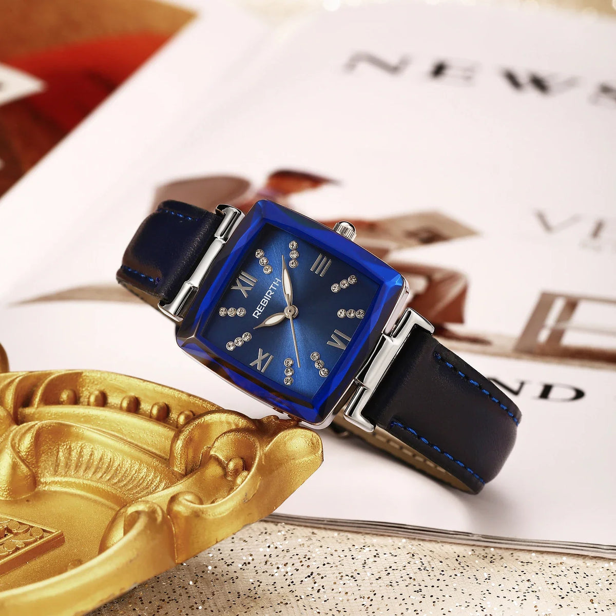 REBIRTH Square Women's Rhinestone Quartz Watch | Leather Band