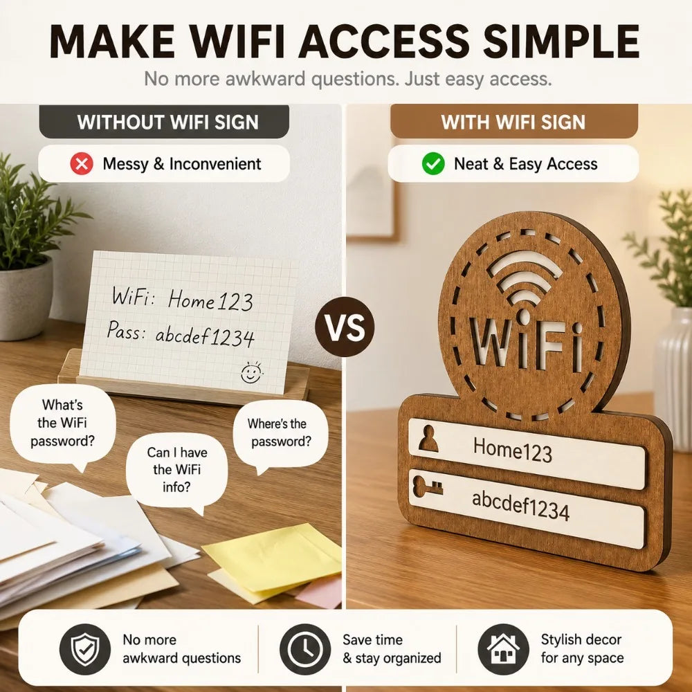 WiFi Password Wall Plaque – Self-Adhesive Wooden Sign + Pen