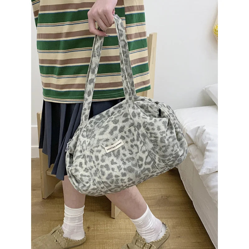 Korean Vintage Leopard Print Canvas Shoulder Bag | Large Capacity