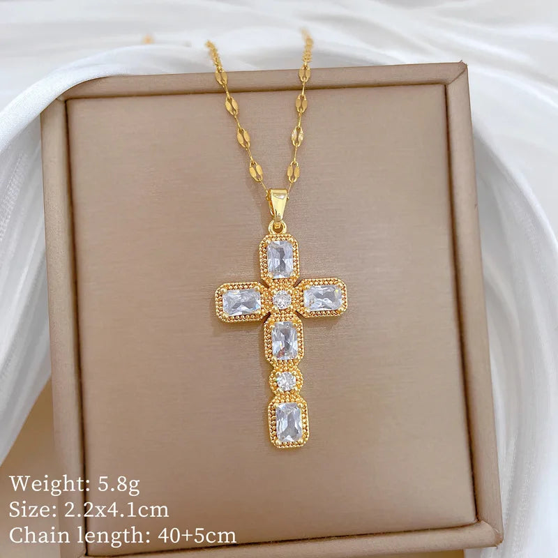 Women's Gold Cross Pendant Choker Necklace – Stainless Steel