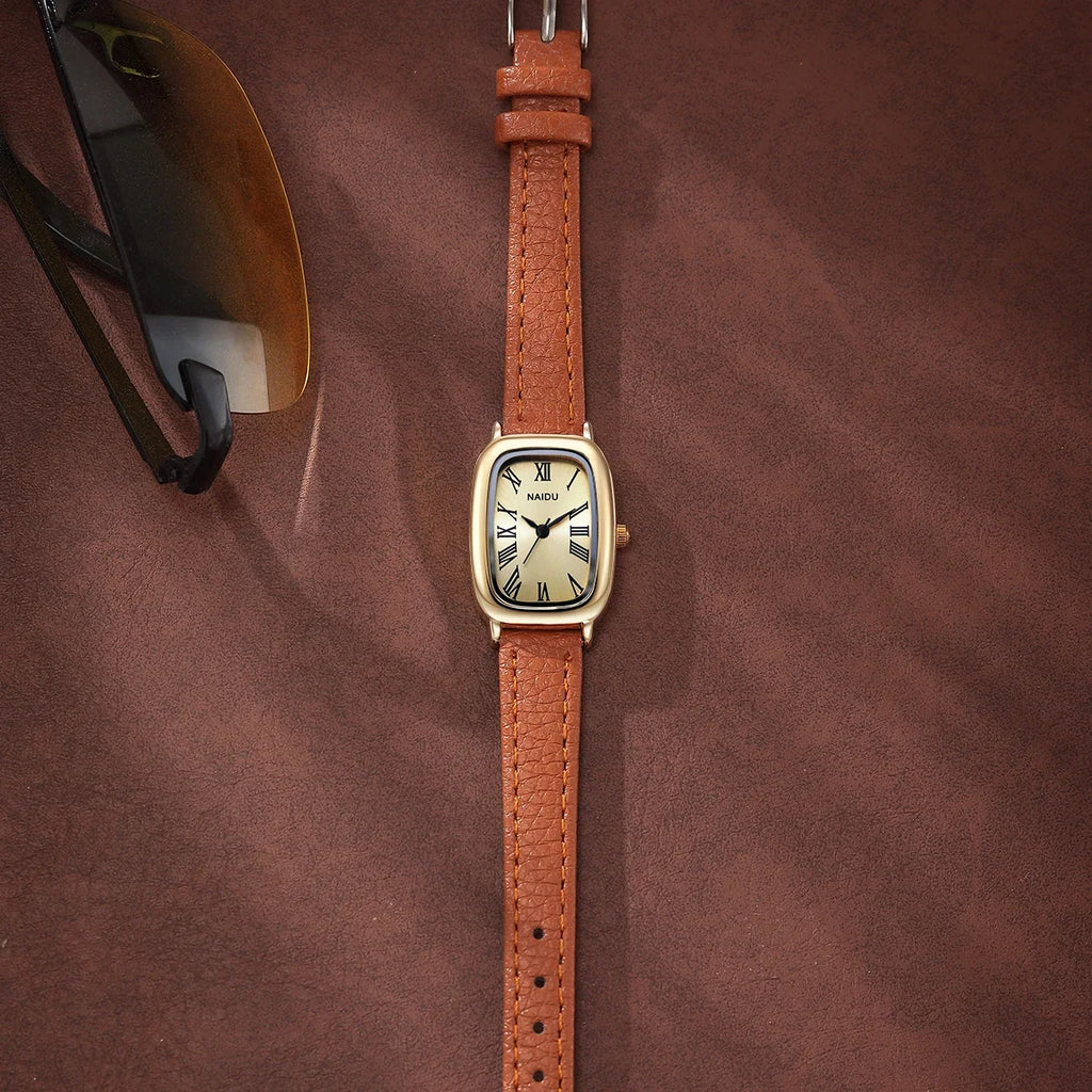 Women's Leather Strap Quartz Watch – Roman Numeral Casual Style