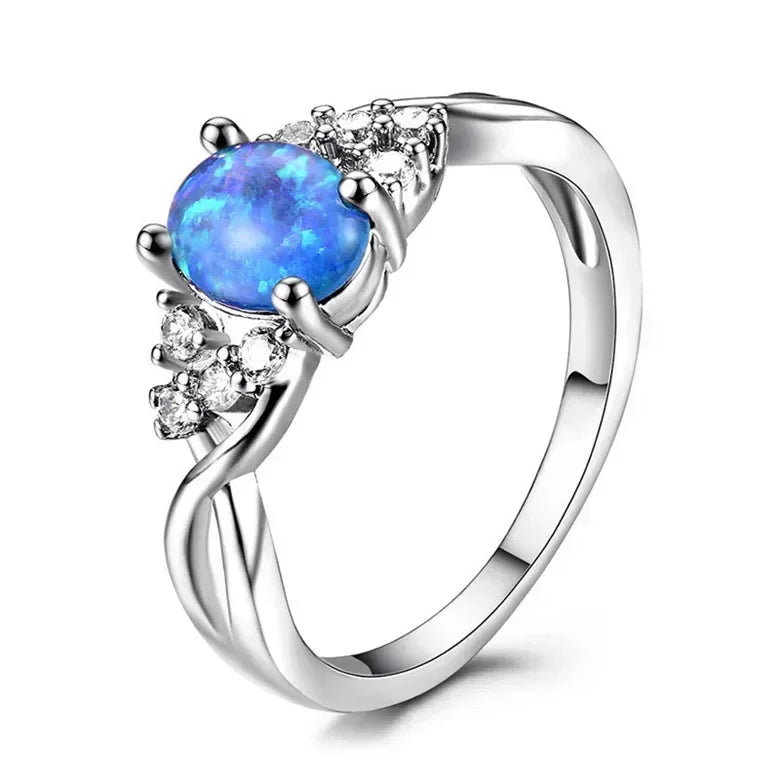 Women Silver Oval Blue Simulated Opal CZ Ring Sizes 6–10