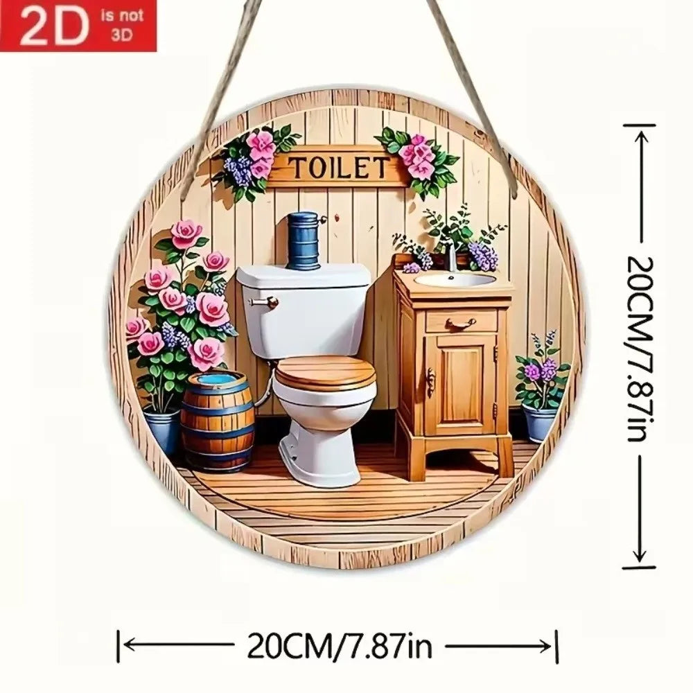 Wooden Hanging Bathroom Sign Round Farmhouse Wall Décor