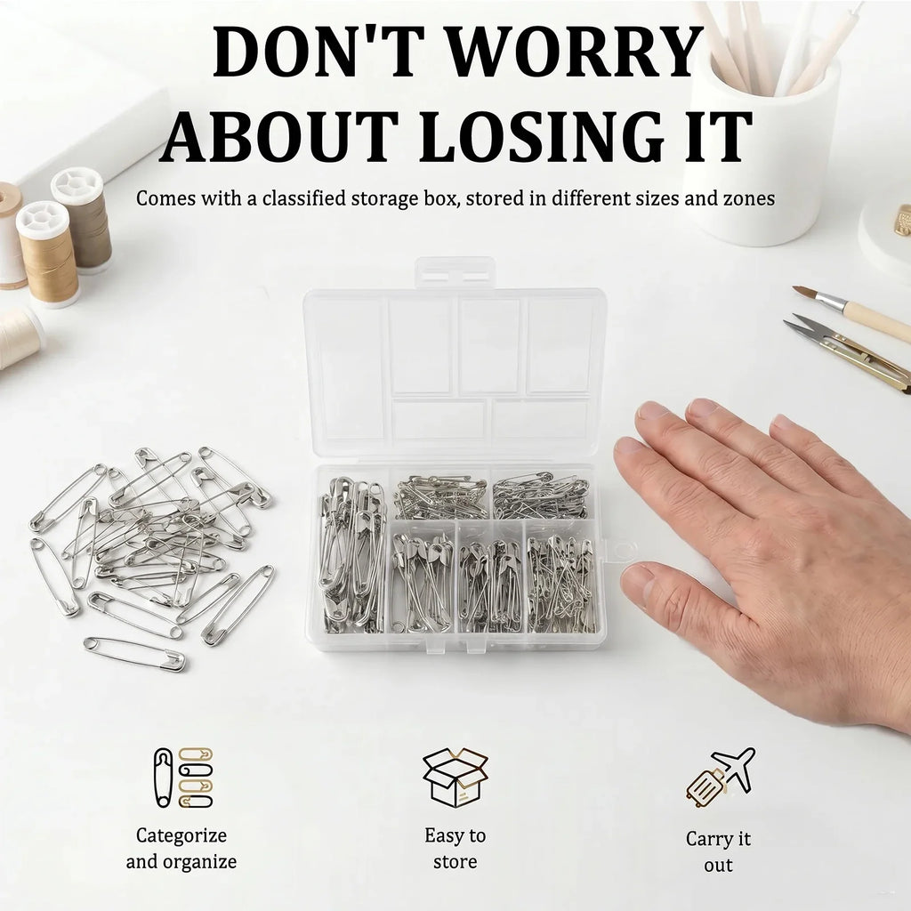 250Pcs Assorted Safety Pins Set – 6 Sizes, Rust Resistant