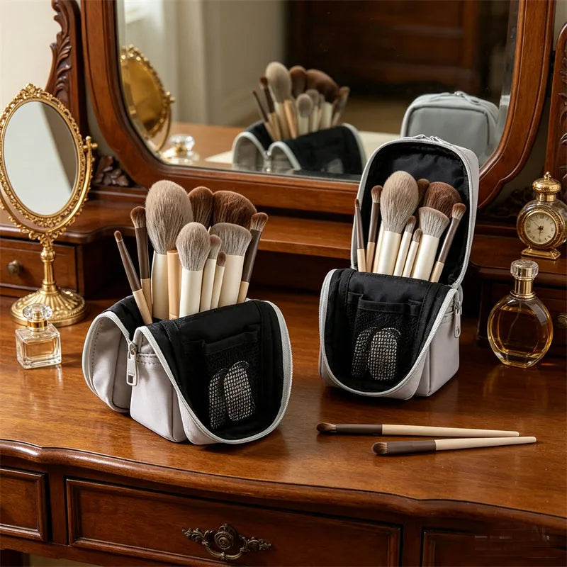 Foldable Standing Makeup Brush Case | Elastic Bands & Mesh Pocket