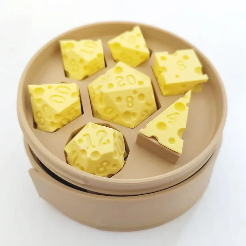 Cheese Dice Holder Box & 7-Piece D4–D20 Polyhedral Dice Set