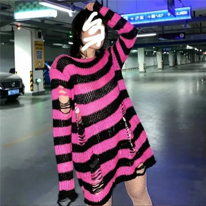 Women's Punk Gothic Oversized Striped Hollow Knit Sweater