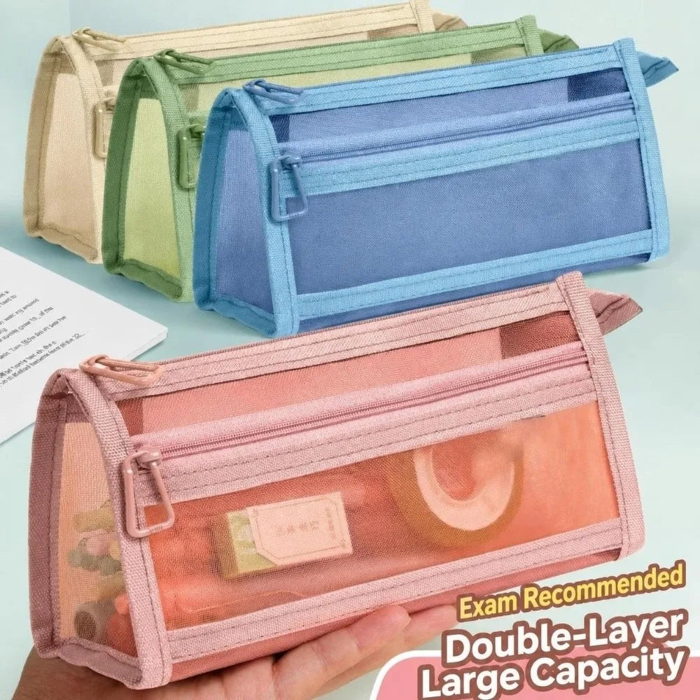 Transparent Mesh Pencil Case – Double Layer Large Capacity