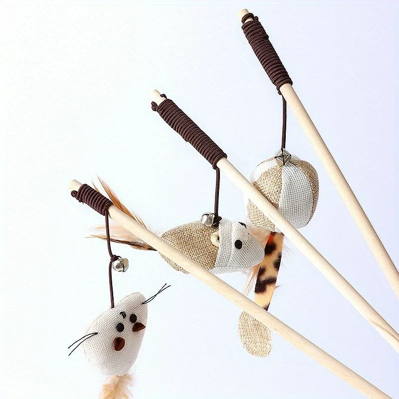 Wooden Cat Teaser Wand Toy – Feather Bell & Mouse Lure