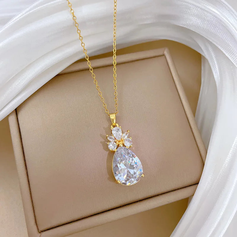 Waterdrop Pendant Necklace Women | Gold Zircon Clavicle Chain