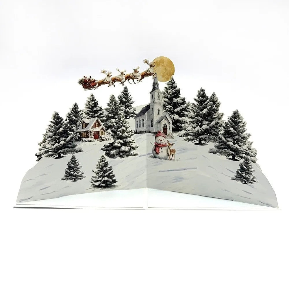 3D Pop-Up Christmas Card with Envelope – Snowy Village Scene